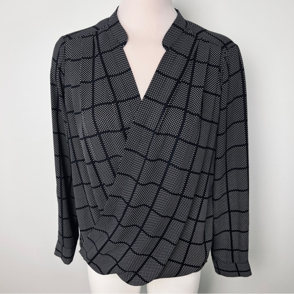 Ro & De Black & White Polka Dot Grid Wrap Style Blouse - Size Medium